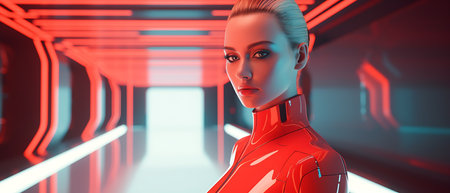 3d rendering of female cyborg head with circuit board on dark backgroundの素材