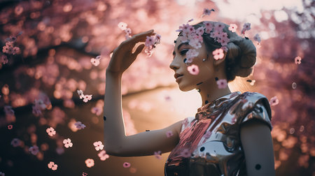 3d rendering of female cyborg head with circuit board on dark backgroundの素材