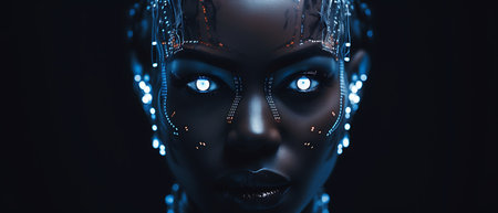 3d rendering of female cyborg head with circuit board on dark backgroundの素材