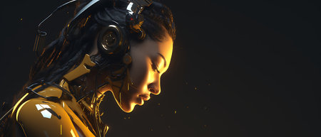 3d rendering of female cyborg head with circuit board on dark backgroundの素材