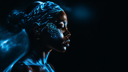 3d rendering of female cyborg head with circuit board on dark backgroundの素材