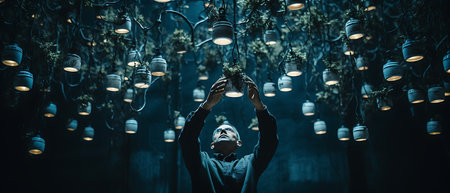 3d rendering of female cyborg head with circuit board on dark backgroundの素材