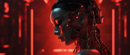 3D rendering of a female robot head with human head in digital backgroundの素材