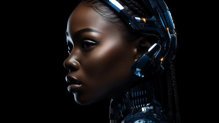 3d rendering of female cyborg head with circuit board on dark backgroundの素材
