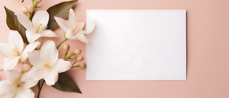 Flower composition. Blank card mockup with golden flowers on white background. Flat lay, top view, copy spaceの素材