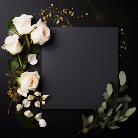 Flower composition. Blank card mockup with golden flowers on white background. Flat lay, top view, copy spaceの素材