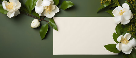 Flower composition. Blank card mockup with golden flowers on white background. Flat lay, top view, copy spaceの素材