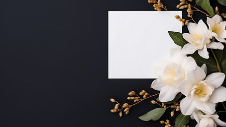 Flower composition. Blank card mockup with golden flowers on white background. Flat lay, top view, copy spaceの素材
