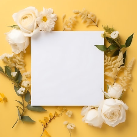 Flower composition. Blank card mockup with golden flowers on white background. Flat lay, top view, copy spaceの素材
