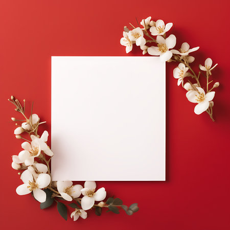 Blank card mockup with red berries and white flowers on red backgroundの素材