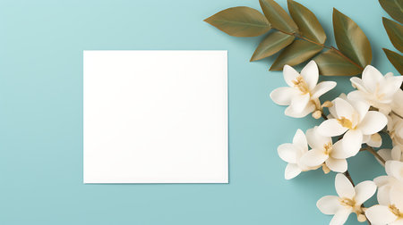 Blank card mockup with red berries and white flowers on red backgroundの素材