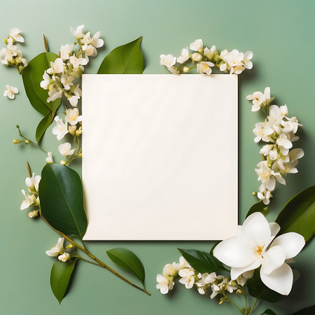 Blank card mockup with red berries and white flowers on red backgroundの素材