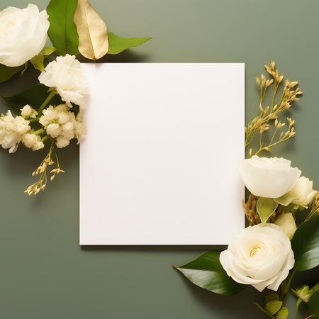 Blank card mockup with white jasmine flowers on blue backgroundの素材