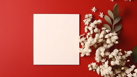 Blank card mockup with white jasmine flowers on blue backgroundの素材