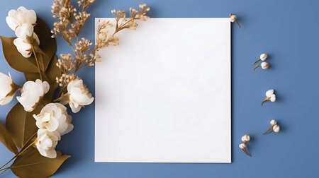 Flower composition. Greeting card mockup on blue background. Flat lay, top view, copy spaceの素材