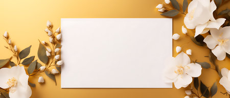 Flower composition. Greeting card mockup on blue background. Flat lay, top view, copy spaceの素材