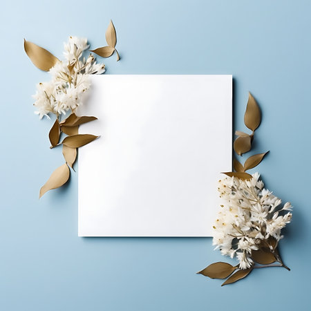 Flower composition. Greeting card mockup on blue background. Flat lay, top view, copy spaceの素材