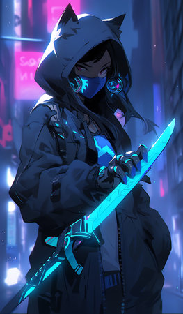 Futuristic cyborg girl with sword neon. Cyberpunk style illustration.の素材