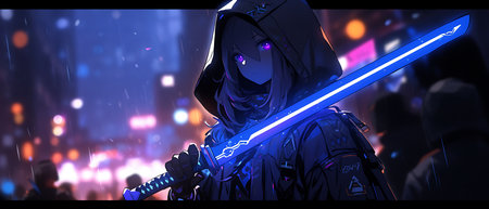 Futuristic cyborg girl with sword neon. Cyberpunk style illustration.の素材