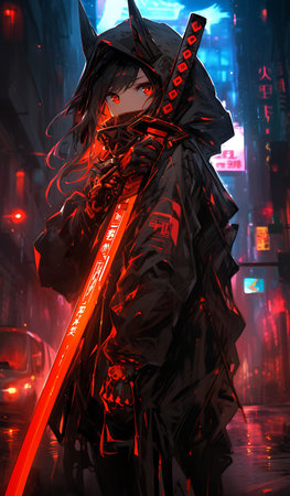 Futuristic cyborg girl with sword neon. Cyberpunk style illustration.の素材