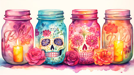 Festive Dia de los Muertos with blank frame background mock up with skeleton.の素材