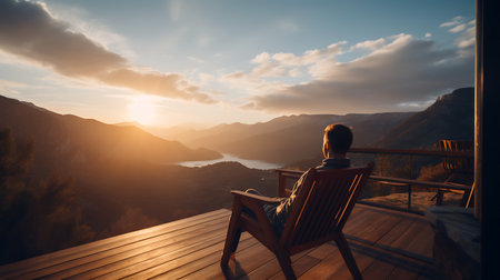 Young woman sitting on the terrace in the mountains at sunset.の素材