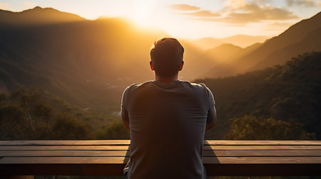 Back view of a man looking at the sunset in the mountains.の素材