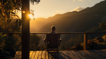 Young woman sitting on the terrace in the mountains at sunset.の素材