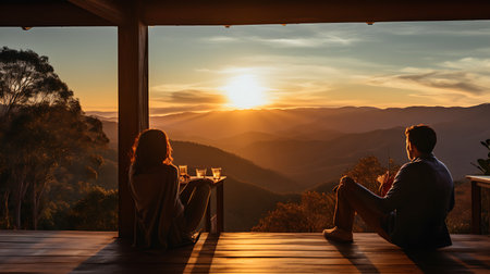 Romantic couple sitting on terrace with beautiful view of mountains at sunsetの素材