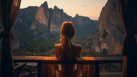 Back view of a young woman sitting in a hammock in the mountains at sunsetの素材