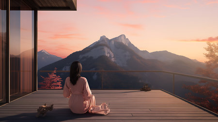 Young woman sitting on the terrace in the mountains at sunset.の素材