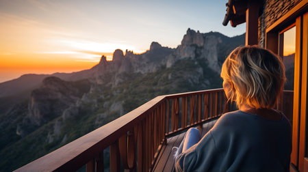 Young woman sitting on the terrace in the mountains at sunset.の素材