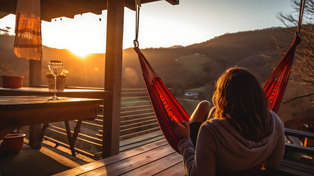 Young woman relaxing in red hammock on terrace at sunset.の素材