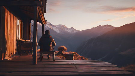Beautiful young woman in a long dress on a terrace with a view of the mountains at sunsetの素材