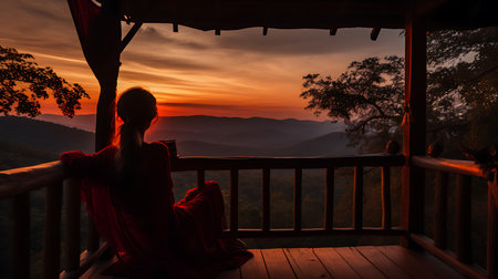 Young woman sitting on the terrace in the mountains at sunset.の素材
