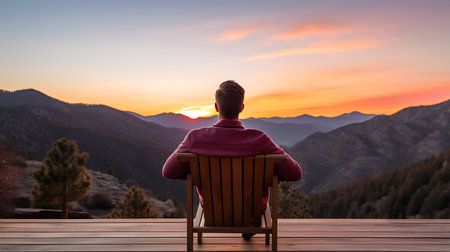 Beautiful young woman in a long dress on a terrace with a view of the mountains at sunsetの素材
