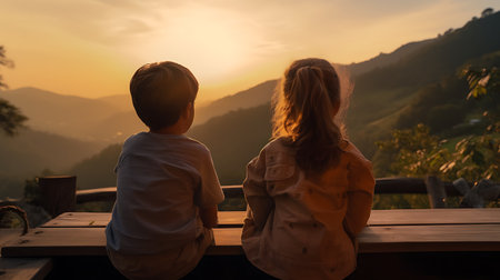 Couple sitting on a bench watching the sunrise in the mountains.の素材