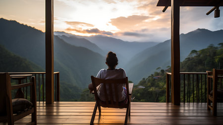 Silhouette of woman sitting on chair looking at sunrise over the mountainの素材