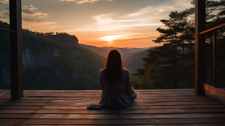 Young woman sitting on the terrace in the mountains at sunset.の素材
