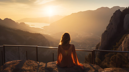 Young woman sitting on the terrace in the mountains at sunset.の素材