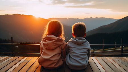 Back view of two little girls sitting on wooden terrace and looking at sunset in mountainsの素材