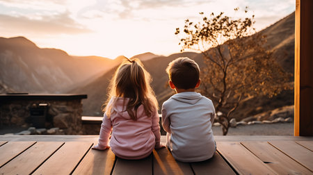 Couple sitting on a bench watching the sunrise in the mountains.の素材