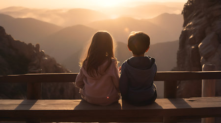 Young woman sitting on the terrace in the mountains at sunset.の素材