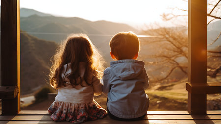 Couple sitting on a bench watching the sunrise in the mountains.の素材