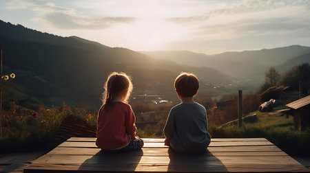 Couple sitting on a bench watching the sunrise in the mountains.の素材