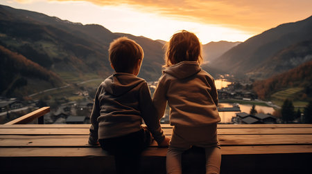 Beautiful young woman in a long dress on a terrace with a view of the mountains at sunsetの素材