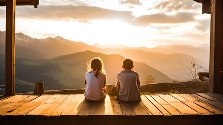 Couple sitting on a bench watching the sunrise in the mountains.の素材