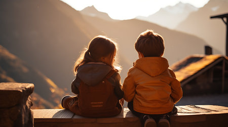 Couple sitting on a bench watching the sunrise in the mountains.の素材