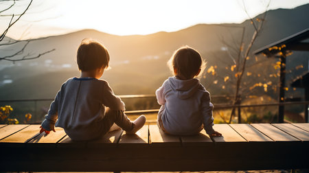 Couple sitting on a bench watching the sunrise in the mountains.の素材