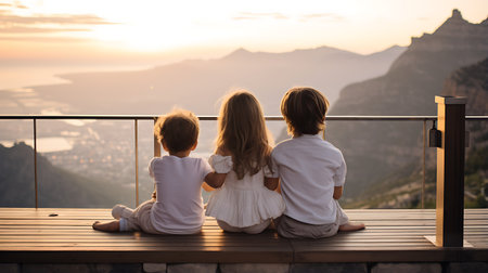 Couple sitting on a bench watching the sunrise in the mountains.の素材